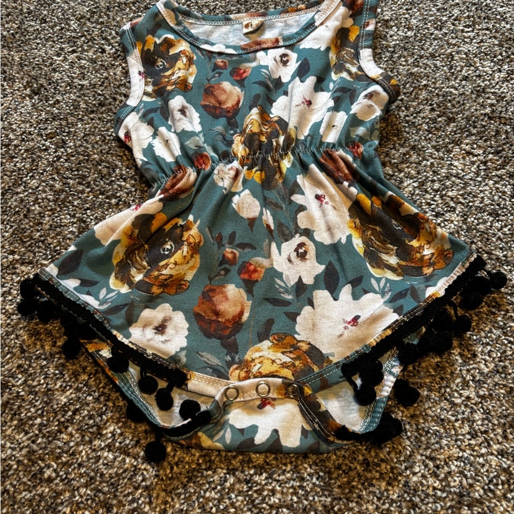 Floral Baby Romper with Pom Pom Trim